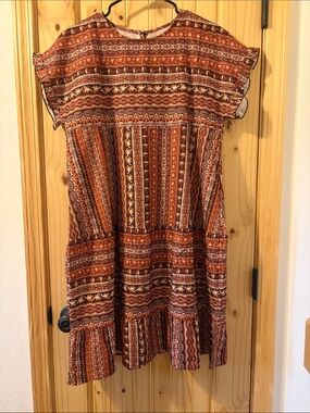 Boho Tiered Patterned Dress in Rust and Cream